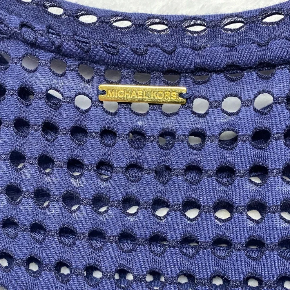 Michael‎ Kors Navy Blue Eyelet Laser Cut Shift Dress Short Sleeve Crew Neck M